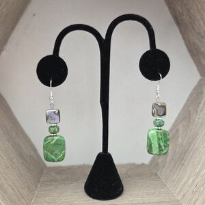 Green Turquoise & Abalone Shell  Dangle Earrings Southwestern Boho Fairy Artsy